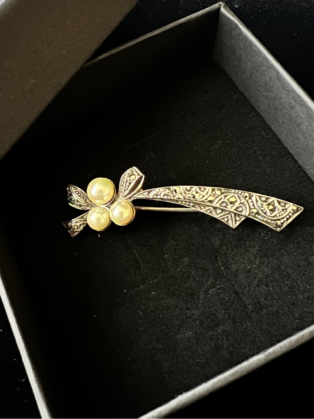 Vintage Sterling Silver and Marcasite Bow Brooch with Faux Pearl Accents
